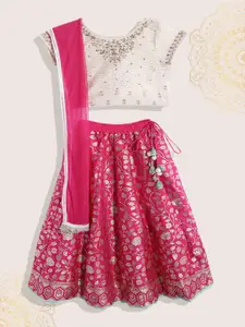 Biba Girls Off White & Pink Woven Design Ready to Wear Lehenga & Blouse With Dupatta