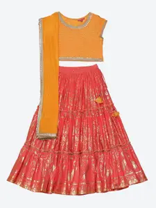 Biba Girls Orange & Coral Ready to Wear Lehenga & Blouse With Dupatta