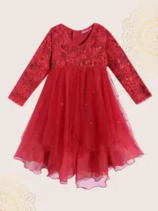 Biba Girls Red Embroidered Sequined Tulle Fit & Flare Dress