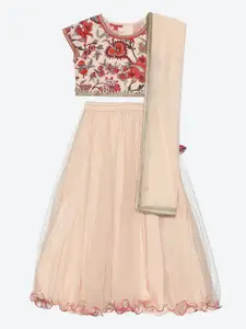 Biba Girls Pink & Gold-Toned Printed Sequinned Ready to Wear Lehenga & Blouse With Dupatta