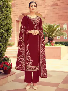 Shaily Maroon & Gold-Toned Embroidered Silk Georgette Unstitched Dress Material