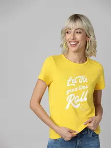 ONLY Women Yellow Typography Printed T-shirt