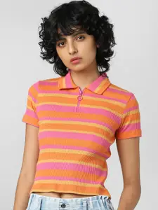 ONLY Women Orange Striped Polo Collar T-shirt