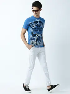 Huetrap Men Blue Printed Round Neck T-shirt