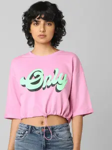 ONLY Women Pink Printed Drop-Shoulder Sleeves T-shirt