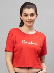 Globus Women Red Typography Printed Cotton Drop-Shoulder Sleeves Boxy T-shirt