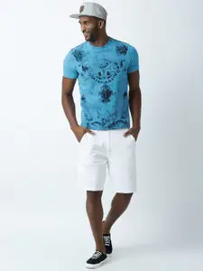 Huetrap Men Turquoise Blue Printed Round Neck T-shirt