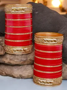 LUCKY JEWELLERY Red & White CZ Studded Bangles Set
