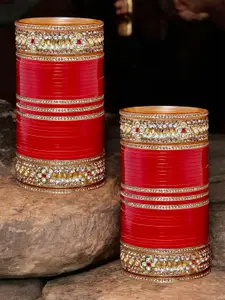 LUCKY JEWELLERY Red CZ & Kundan Studded Punjabi Bridal Bangle Set