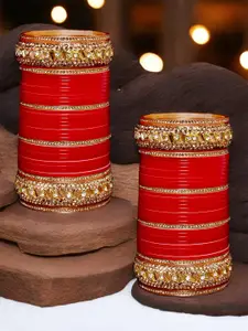 LUCKY JEWELLERY Red CZ & Kundan Studded Punjabi Bridal Bangle Set
