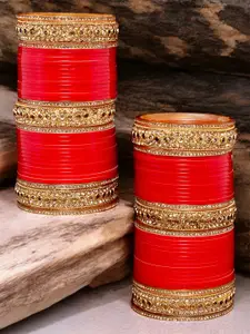 LUCKY JEWELLERY Red CZ & Kundan Studded Punjabi Bridal Bangle Set