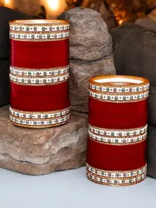 LUCKY JEWELLERY Maroon CZ Stone-Studded Punjabi Chura Bridal Wedding Bangle Set