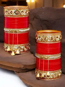 LUCKY JEWELLERY Gold-Toned & Red Kundan & CZ Stone-Studded Chuda Bangle Set