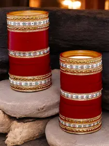 LUCKY JEWELLERY Women Set of 2 Maroon & Gold-Plated White Stone Studded Punjabi Chuda Bangles
