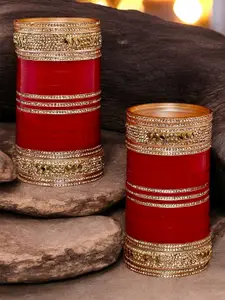 LUCKY JEWELLERY Maroon & Gold-Toned Kundan Studded Bridal Chura Bangle Set