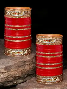 LUCKY JEWELLERY Red CZ & Kundan Studded Punjabi Bridal Bangle Set