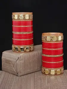 LUCKY JEWELLERY Red & Gold-Toned Stone Studded Bangle Set