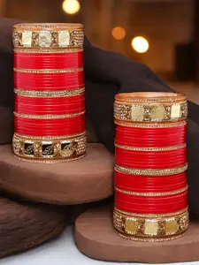 LUCKY JEWELLERY Red & Gold-Toned Stone Studded Bangle Set