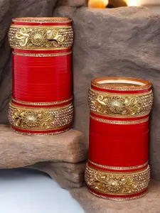 LUCKY JEWELLERY Gold-Toned & Red Stone-Studded Chuda Bangle Set