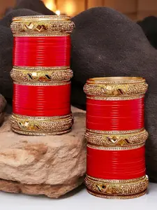 LUCKY JEWELLERY Red CZ & Kundan Studded Punjabi Bridal Bangle Set