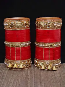 LUCKY JEWELLERY Red CZ & Kundan Studded Punjabi Bridal Bangle Set