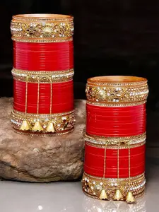 LUCKY JEWELLERY Red CZ & Kundan Studded Punjabi Bridal Bangle Set