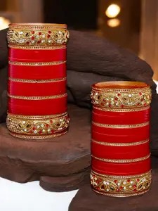 LUCKY JEWELLERY Red CZ & Kundan Studded Punjabi Bridal Bangle Set