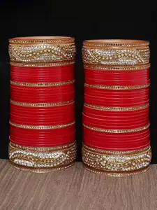 LUCKY JEWELLERY Red & Gold-Toned CZ Studded Bridal Chura Bangle Set