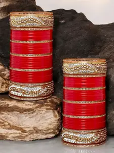 LUCKY JEWELLERY Red & Gold-Toned CZ Studded Bridal Chura Bangle Set