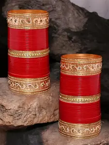LUCKY JEWELLERY Red CZ Stone-Studded Punjabi Chura Bridal Wedding Bangle Set