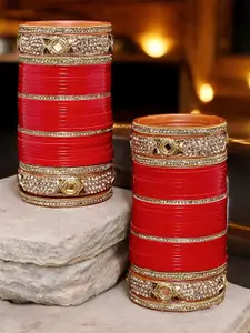 LUCKY JEWELLERY Red CZ & Kundan Studded Punjabi Bridal Bangle Set