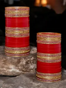 LUCKY JEWELLERY Red CZ & Kundan Studded Punjabi Bridal Bangle Set