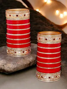 LUCKY JEWELLERY Women Red & White CZ Studded Bangles Set