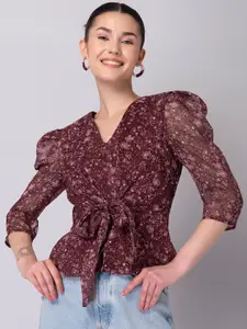 FabAlley Maroon Floral Print Georgette Cinched Waist Top