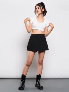 FREAKINS Black Solid Front Overlap Panel Pure Cotton  Mini Skort