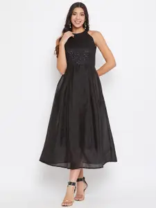 HELLO DESIGN Black Embellished Halter Neck Satin Midi Dress