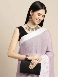 SANGAM PRINTS Purple & White Solid Linen Blend Saree