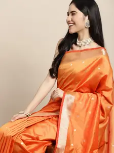 SANGAM PRINTS Orange  Woven Design Silk Blend Saree