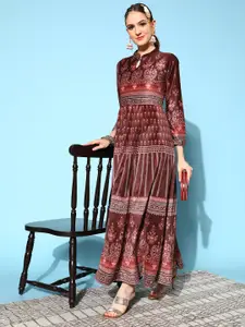 Ahalyaa Women Burgundy Velvet Digital Print Dress