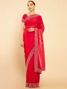 Soch Red & Silver-Toned Beads and Stones Organza Saree
