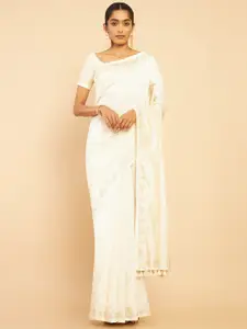 Soch Cream-Coloured & Gold-Toned Embellished Beads and Stones Silk Blend Tussar Saree