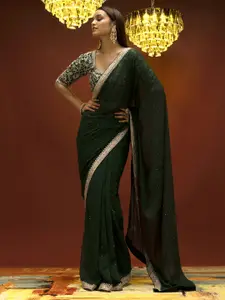 Soch Green & White Embellished Beads and Stones Pure Georgette Saree
