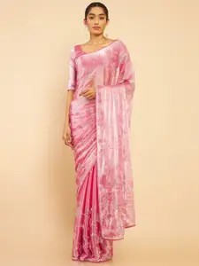 Soch Women Pink & Silver-Toned Floral Organza Saree