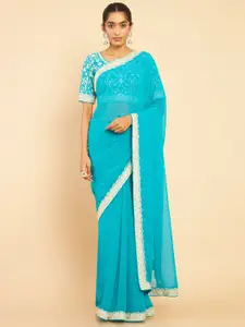 Soch Turquoise Blue & White Embellished Pure Georgette Saree