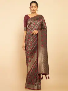 Soch Grey & Red Woven Design Zari Silk Blend Saree