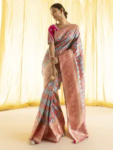 Soch Powder Blue & Gold Woven Design Zari Silk Blend Tussar Saree