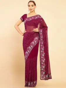 Soch Maroon & Gold-Toned Floral Sequinned Pure Georgette Saree