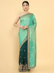 Soch Green & Gold-Toned Floral Zari Silk Blend Tussar Saree