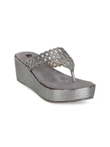 Sherrif Shoes Women Grey Embellished Party Wedge Heels with Laser Cuts