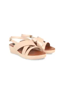 Sherrif Shoes Nude-Coloured Wedge Heels with Buckles